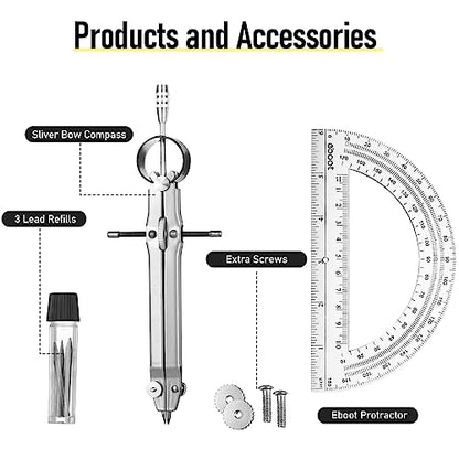 EBOOT Student Geometry Math Set, Metal Drawing Compass and 6 Inch Clear Swing Arm Protractors 180 Degree Math Protractor(Silver) - color: Silver