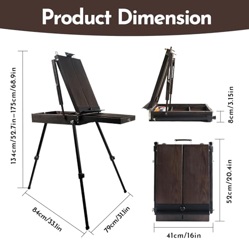 CONDA 70” French Easel with Aluminum Legs, Folding Sketch Painting Easel with Drawer, Tripod Easel Stand for Painting, Sketching, Display - color: Brown