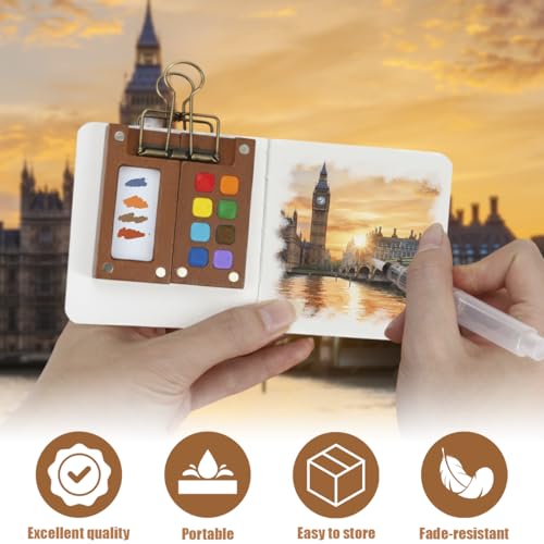 Mini Watercolor Travel Set – New Paint Palette Travel Kit, Upgrade 2026 Portable Pocket Artist Water Colours Box with 8-Grid with Picture Book, Wooden Binder, Brush, Clips, Pens for Painters Students