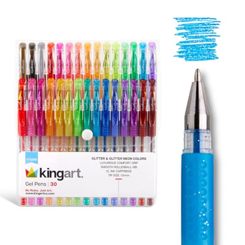 KINGART 400-30 Comfort Grip Gel Pens, Set of 30 Unique Glitter Colors - color: Glitter
