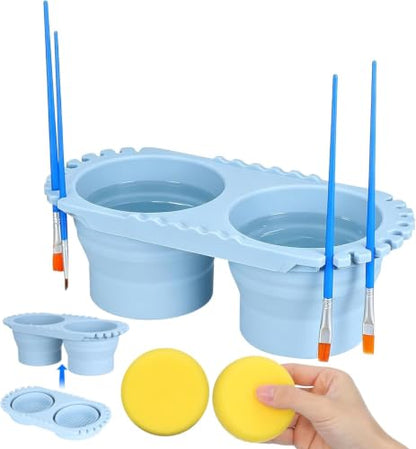 Abaodam Paint Brush Cleaner Cup for Kid Adult Painter Watercolor Acrylic | Dual Compartment Collapsible Silicone Paint Water Cup with 2 Sponges Foldable Water Container for Travel Painting