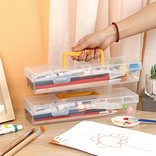 BTSKY 1 Pack Clear Plastic Painting Brush Container with Yellow Handle, Portable Long Paintbrush Case, Drawing Tools Storage Box, Practical Art Supply Organizer for Artist Crafters, 13.1"x3.7"x2.4"
