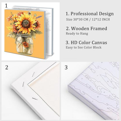 Natuyalo Framed Paint by Number Kits for Adults Beginners, Sunflower in Vase Easy Acrylic Adult Paint by Number Kits, Flowers DIY Painting by Numbers Kits with Frame Ideal Gift 12x12 Inch - color: Color-04