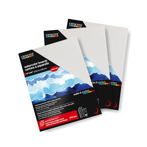 Crescent Creative Watercolor Board 11x14, 3 Sheets,100% Rag Cold Press Surface for Washes and Dry Brush | Extra Heavy Weight, Acid-Free, Rigid