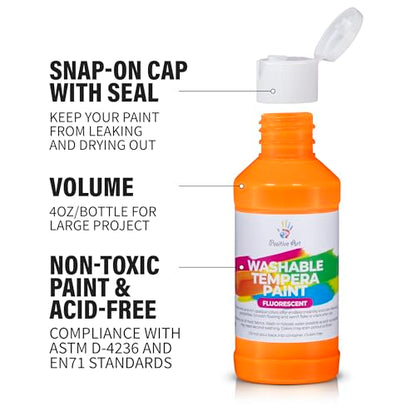 Neon Fluorescent Washable Tempera Paint – UV-Reactive Under Blacklight, 6 Bright Colors, 4 fl oz Bottles, Non-Toxic Kid-Safe Craft & Classroom Paint, Made in USA - color: Neon