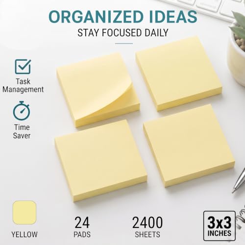 Sticky Notes 3x3, 24 Pads/2400 Sheets, Strong Self-Adhesive Note Pads | 3x3 Sticky Notes Pad, Repositionable, Removes Cleanly, Smooth Thick Paper, Ideal for Home, Office & School - color: Yellow
