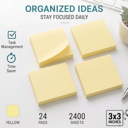 Sticky Notes 3x3, 24 Pads/2400 Sheets, Strong Self-Adhesive Note Pads | 3x3 Sticky Notes Pad, Repositionable, Removes Cleanly, Smooth Thick Paper, Ideal for Home, Office & School - color: Yellow