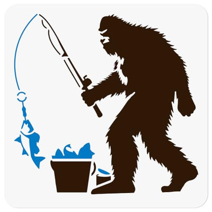 Sasquatch Fishing Stencil for Painting, 11.8"x11.8" Reusable Sasquatch Stencil Drawing Template, DIY Craft Paint Template for Wall Home Decor Wood Burning Card Journal Canvas - style: Fishing
