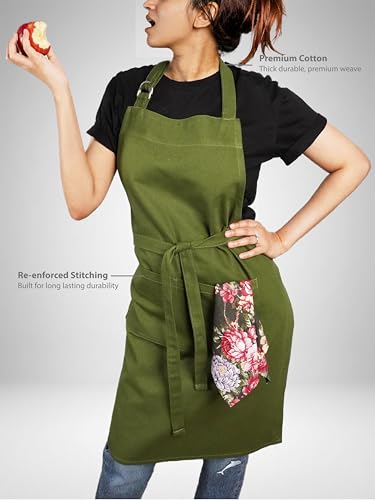 100% Cotton Kitchen Apron with 2 Pockets – Adjustable Chef Apron for Cooking Baking BBQ – Unisex Apron - color: Pine