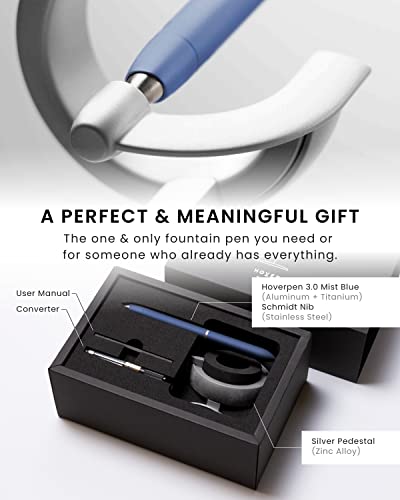 novium Hoverpen Future - Luxury Fountain Pen, Schmidt Nib (Fine), Converter, Extra Refill, Futuristic Aesthetic, Aerospace Metal, Best Pen Gift Set for Men & Women (Mist Blue) - color: Mist Blue, style: Fountain Pen