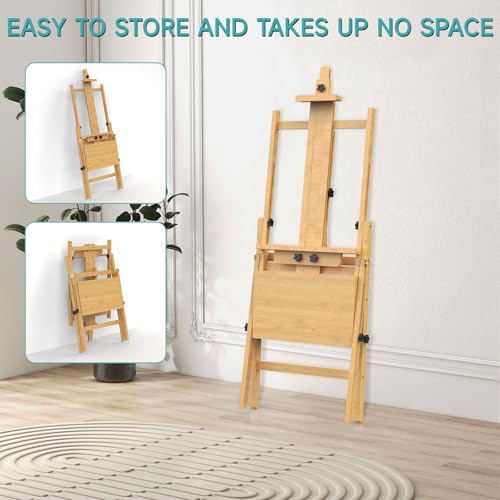 Solid Beech Wood H-Frame Easel with 2 Palette and Storage - color: Natural Wood