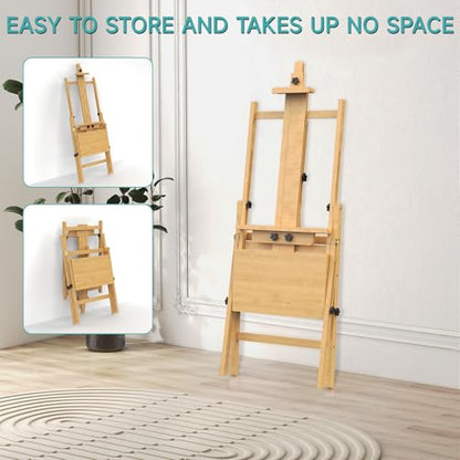 Solid Beech Wood H-Frame Easel with 2 Palette and Storage - color: Natural Wood