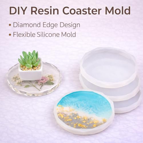 Resin Coaster Molds, 4 Pack Diamond Edge Round Molds for Resin Casting, Silicone Coaster Molds for Epoxy Resin