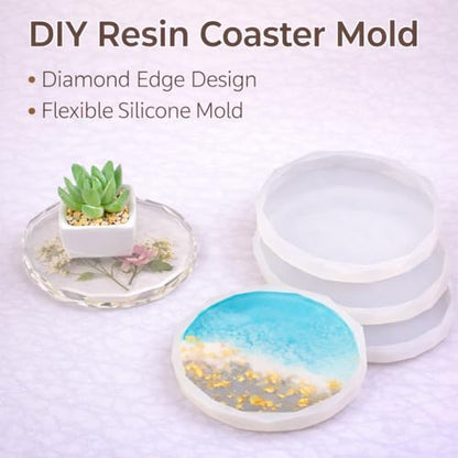 Resin Coaster Molds, 4 Pack Diamond Edge Round Molds for Resin Casting, Silicone Coaster Molds for Epoxy Resin