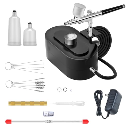 Airbrush Gun Kit with Air Compressor - Small Plug-in Dual-Action Spray Paint Gun, Includes 0.2/0.3/0.5mm Nozzles for Nail Art, Furniture Repair & Artistic Painting (Standard Set) - color: Standard Set