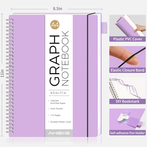 AHGXG Spiral Graph Paper Notebook, 110 Pages, A4 (8.5" x 11") | 100 gsm Thick Grid Paper, Waterproof Plastic Cover, for School Writing Engineering (Purple) - color: Purple, style: A4-Graph