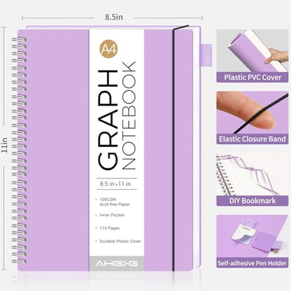 AHGXG Spiral Graph Paper Notebook, 110 Pages, A4 (8.5" x 11") | 100 gsm Thick Grid Paper, Waterproof Plastic Cover, for School Writing Engineering (Purple) - color: Purple, style: A4-Graph