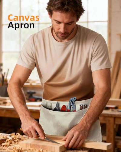 Canvas Work Waist Apron with 3 Pocket - color: 1 Pack Beige Cotton Apron