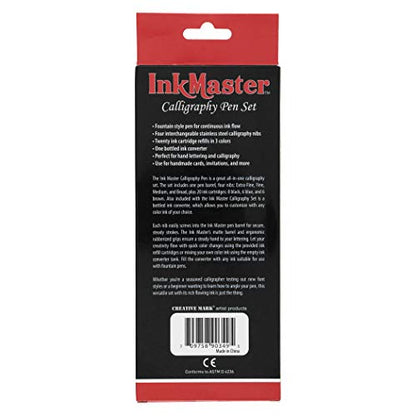 Ink Master Calligraphy Set Fountain Pens 4 Different Size Nibs and 20 Assorted Ink Cartridges Plus One Bottled Converter - Complete Easy Learning Kit for Beginners