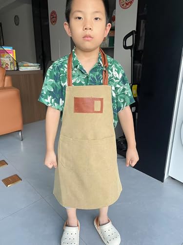Canvas Aprons for Kids, Childrens Aprons with 4 Pockets and Card Slot Pocket for Painting Crafting Kitchen - color: Khaki