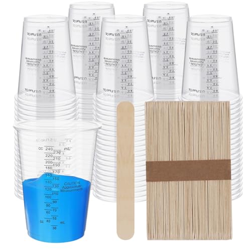 100-Pack Mixing Cups Set Paint Mixing Cups 8 oz with 100 Wooden Sticks,Plastic Measuring Cups for Mixing Paint, Pigments, Epoxy Resins, Resins - size: 100P-8OZ