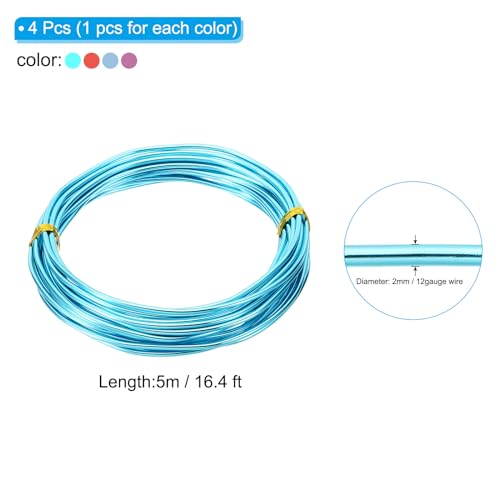 PATIKIL Aluminum Craft Wire, 16.4ft, 2mm/12 Gauge, 4pcs (Pink, Red, Blue) for Bonsai, Jewelry, Crafts - color: Pink Red Blue Tone, size: 2mm x 16.4ft
