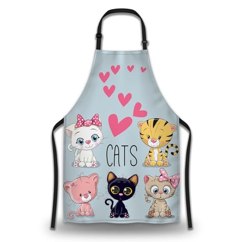 Chef Apron for Women Cute Cartoon Cats and Hearts Mans Aprons for Grilling for Kitchen Cooking Restaurant BBQ Painting Crafting 27” (W) x 31” (H), Waterproof Apron - color: Cats and Hearts
