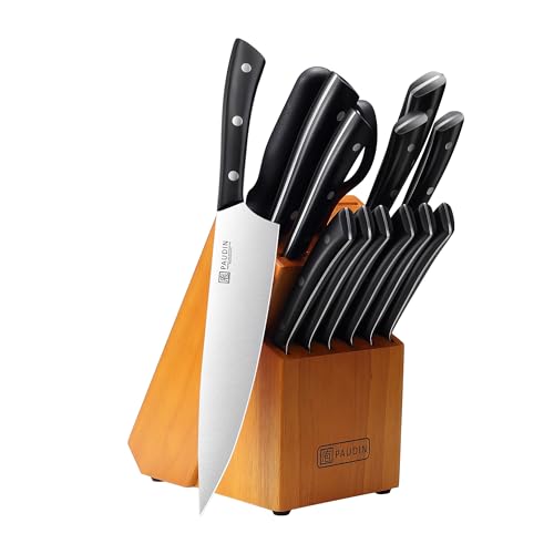 PAUDIN Knife Block Set, 15-Piece Knife Set with Block, High Carbon German Steel Kitchen Knife Set with Block and Sharpener, Sharp Knives Set for Kitchen, Precision Cutting with Ergonomic Handle - color: Brown, size: 15 PCS Knife Set