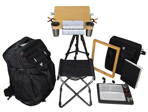 Outdoor Watercolor Easel Set | Portable Plein Air Watercolor Easel System with Studio-Like Ergonomics | 70L Backpack, Tripod, Wet Panel Carrier & Stool | Sketchbook, Palettes, Cups & Clips - size: Easel Set T1 + BP70 Backpack (12x16")