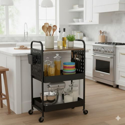 danpinera 3 Tier Rolling Cart, Metal Storage Cart with Wooden Tabletop, Storage Cart with DIY Pegboards & Locked Wheels, Hooks & Hanging Cups for Any Room, Black - color: Black