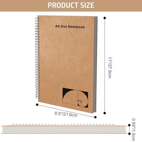 A4 Dotted Journal Notebook, 2 Pack Large Spiral Dot Grid Notebook, 200 Pages 100gsm Thick Dot Grid Paper Journal for Sketching Writing Taking Note and More - Kraft Brown Cover, 8.5" x 11" - color: Dotted