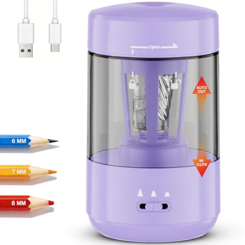 Electric Pencil Sharpener for Classroom, Fully Automatic, Purple | Type-C Rechargeable, Auto In/Out, 2000mAh Built-in Battery, Fast Sharpen, For 6-8mm No.2&Colored Pencils, Home, School Office - color: Purple