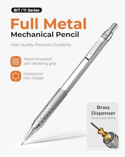 STAGEEK 30Pcs Silver Metal Mechanical Pencil Set with Leather Case | 6PCS Art Drafting Pencils, 0.5, 0.7, 0.9, 2.0MM Mechanical Drawing Pencils, with 300PCS(6B/4B/2B/HB/2H/4H/Colors)Lead Refills - color: Silver, style: 0.5 0.7 0.9 2.0