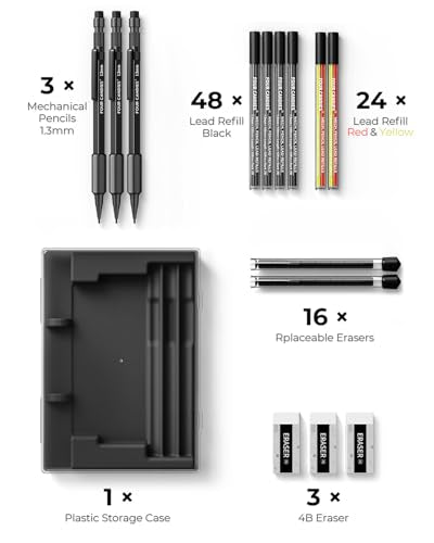 Four Candies 3PCS 1.3mm Metal Mechanical Pencil Set with Case (Black) | 72 Refills (Red,Black,Yellow), 3 Erasers, 16 Eraser Refills, Weatherproof Body for Construction Outdoor Woodworking Marking - size: 3-Pack, style: Black
