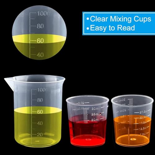 Measuring Cups Kit - 5 Pcs 30ml, 2 Pcs 100ml Plastic Measuring Cups, Paint Resin Mixing Cups, Medicine Graduated Measure Cups with 5 Pcs Mixing Sticks, 10 Pcs Finger Cots and 5 Pc Transfer Pipettes - color: 2 Pcs 100ml + 5 Pcs 30ml Kit