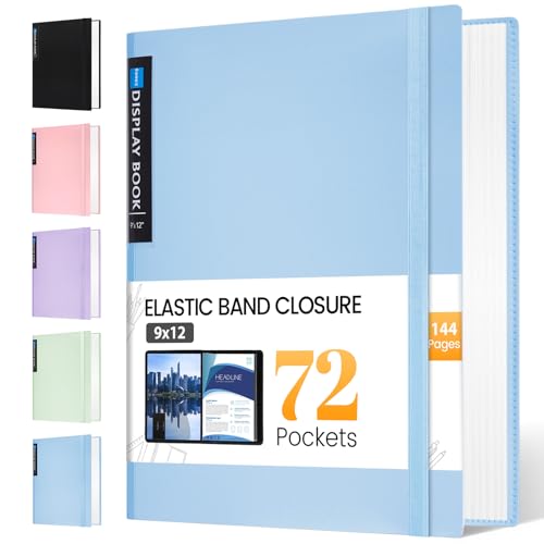 Sooez Art Portfolio 9"x12", 72 Pockets Large Portfolio Folder Display | 144 Pages, Binder with Plastic Sleeves&Elastic Band, Presentation Book with Clear Sheet Protector for Artwork Organizer - color: Blue