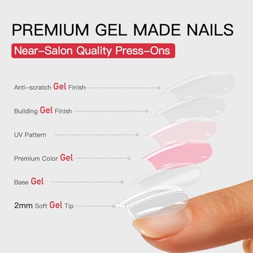 CurvLife Medium Coffin Chrome Press On Nails, Rose Mirror Gold Pink | 32PCS 16 Sizes, Salon-Quality Natural Fake Nails, Curved Fit, 7-14 Day Glue-On Wear, Reusable Stick-On Nails, Press-On Kit - color: Pink glitter