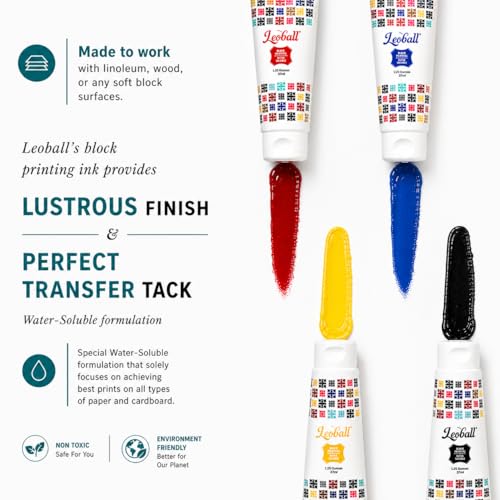 Leoball® Water-Soluble Block Printing Ink Starter Set: 4-Color Included (Black, Red, Blue, Yellow) - 1.25 Ounce Tube Each