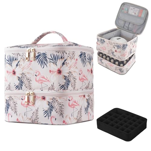 Buruis 2 Layer Nail Polish Bag, Nail Supplies Organizer, Flamingo | Dual Zippers, Adjustable Divider, Nail Dryer Storage, Fits 25 Bottles (15ML), Nail Tools Bag, Portable Manicure Case - color: Flamingo