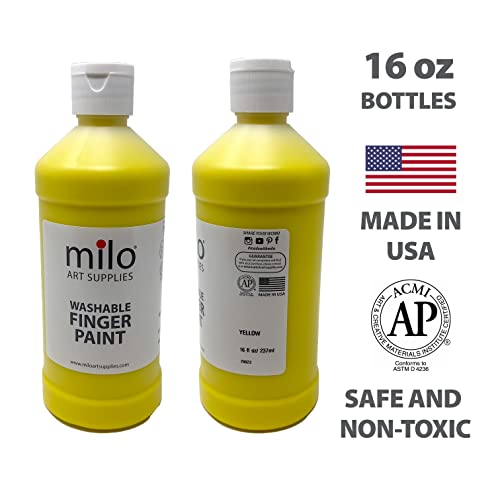 milo Kid's Washable Finger Paint Set of 8 Colors | 16 oz Bottles | Safe and Non-Toxic | Made in the USA | Art & Craft Paints for Kids, Toddlers, Pre School Supplies Painting Set for Children | Easy - style: Primary Set 8 x 16 oz