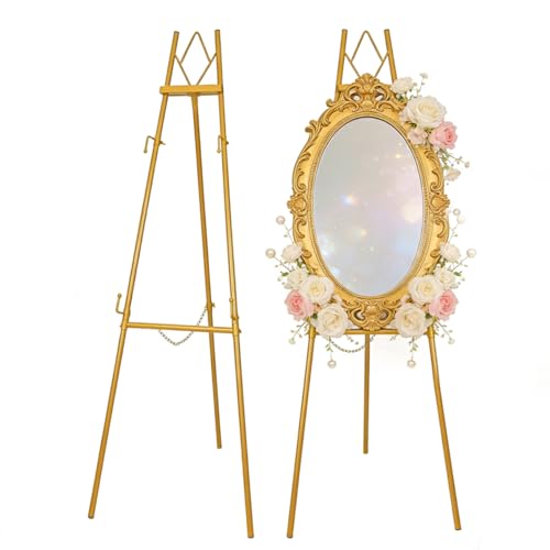 53.9" Gold Easel Stand for Sign, Heavy Duty Metal Display Easel with Storage Bag, Adjustable Art Easel for Wedding Sign, Painting, Picture - color: Gold DM