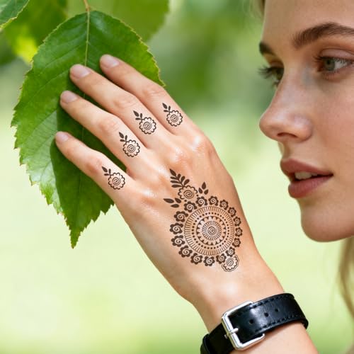 10 Sheets Temporary Tattoos Stencils, Reusable Hand Henna Tattoo Template - color: Deep Black