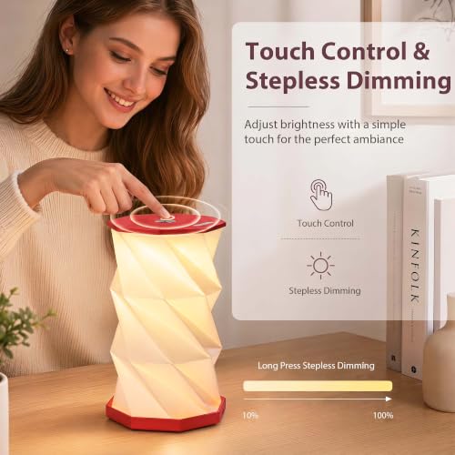 Portable Foldable Table Lamp, Japanese Gift, Paper Lantern Lights | Touch Control Dimmable Lamp with 3 Adjustable Heights, Rechargeable Warm Light, Travel Gifts for Women Men Couples (Red) - color: Red