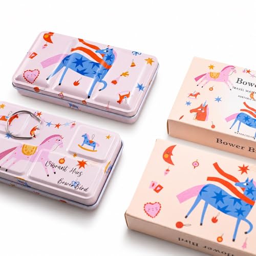 Bower Bird Travel Watercolor Palette, Portable Metal Tin with Ceramic Paint Palette, Empty Sketching Set, White, Antique Style (12well)