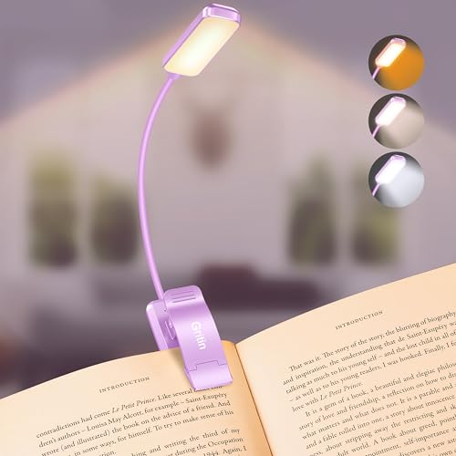 Gritin 9 LED Rechargeable Book Light for Reading in Bed | Eye Caring 3 Color Temps,Stepless Dimming Brightness,80 Hrs Runtime Small Lightweight Clip On Book Reading Light-Purple - color: Purple