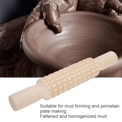 Clay Roller Wooden Solid Clay Rolling Pin Pottery Modeling Tools Dough Roller Baking Pastry Cake Pizza Roller (Lattice Type)