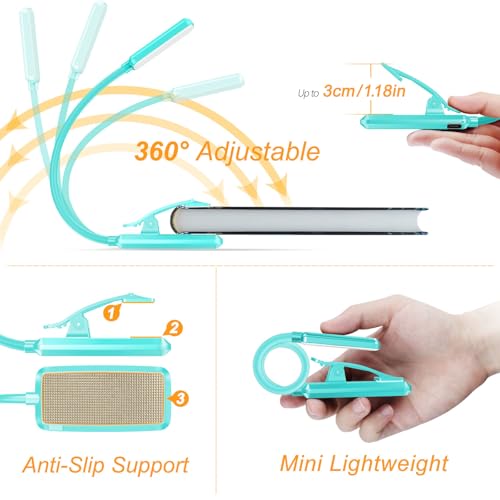 Gritin 9 LED Rechargeable Book Light for Reading in Bed | Eye Caring 3 Color Temps,Stepless Dimming Brightness,80 Hrs Runtime Small Lightweight Clip On Book Reading Light-Blue - color: Blue