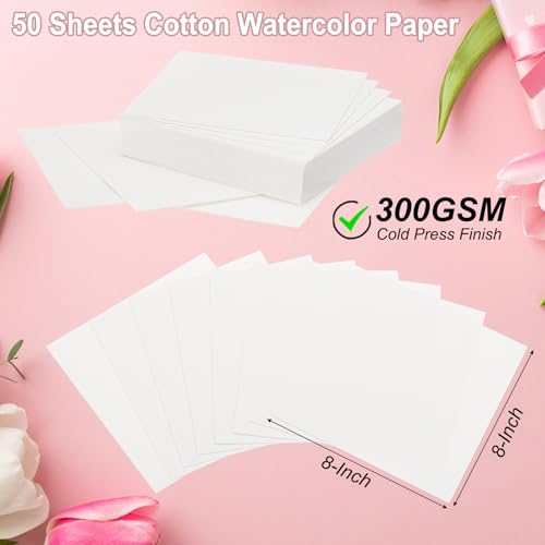 PATIKIL 50 Pcs Pure Cotton Watercolor Paper 140lb/300 GSM Water Coloring Paint Paper for Art Painting Watercolor Drawing Artist, 8x8 Inch - size: 8x8 Inch