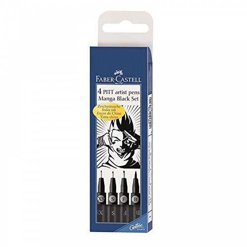 FABER-CASTELL 167132 PITT Artist Manga Drawing Pens, Black, 4-Pack - size: 4 Count (Pack of 1), style: Manga Wallet Set - Black