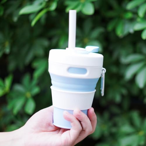 Silicone Collapsible Travel Mug Blue 15oz / 450ml - Leak-Proof Reusable Silicone Water Bottle for Hot and Cold Beverages - Travel Office and Home - Dishwasher Safe - Straw Included - color: Blue